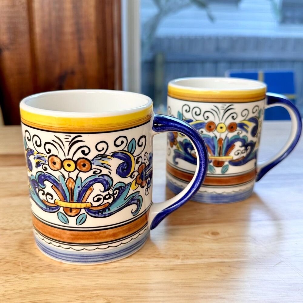 Pair of Vintage Umbria Hand-Crafted Painted Coffee Mugs Made in Portugal Ceramic